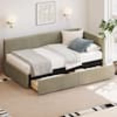 Harper & Bright Designs Corner Design Green Twin Size Corduroy Vertical Striped Upholstered Daybed with 2-Drawers YJH170AAG