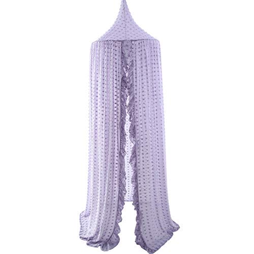 Kids Bed Canopy for Girls, Purple Crib Canopy Princess Hanging Children Canopy Tent, Toddler Girl Canopy Bed Netting for Baby Room Bedroom Reading Nook, Macrame Lace Boho Nursery Canopy with Pom Pom