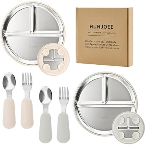 2-Pack Stainless Steel Baby Plates with Suction, 2 Baby Spoons & Forks Set, Lead-Free BPA-Free Toddler Utensils for Baby-Led Weaning
