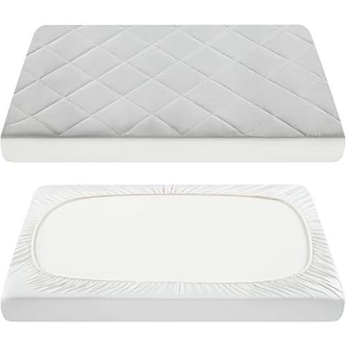 TILLYOU Pack and Play Sheets Pad - Waterproof Play Yard Playpen Sheets Pad, Soft Quilted Sheets with 1''-3'' Deep Pocket, Breathable and Fluffy, 39"x27",Light Grey