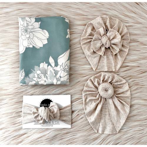 Floral Baby Swaddle Set: Teal Eloise Blanket with Oatmeal Turban