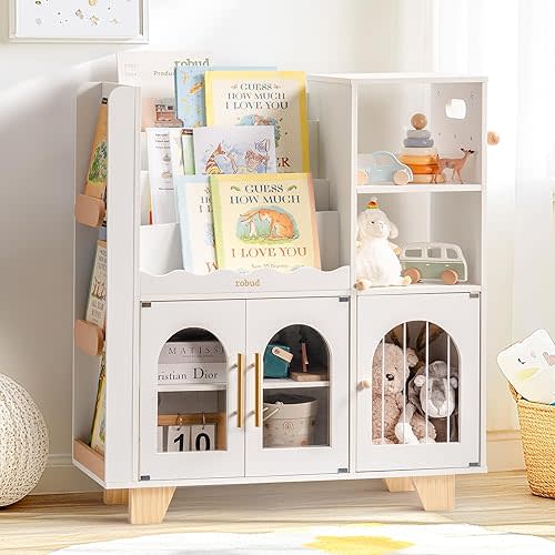 ROBUD Toy Storage Organizer, All-in-One Toy Organizers and Storage, Kids Wooden Bookshelf with 6 Storage compartments, Toy Chest Shelf Organizer for Playroom Bedroom, White