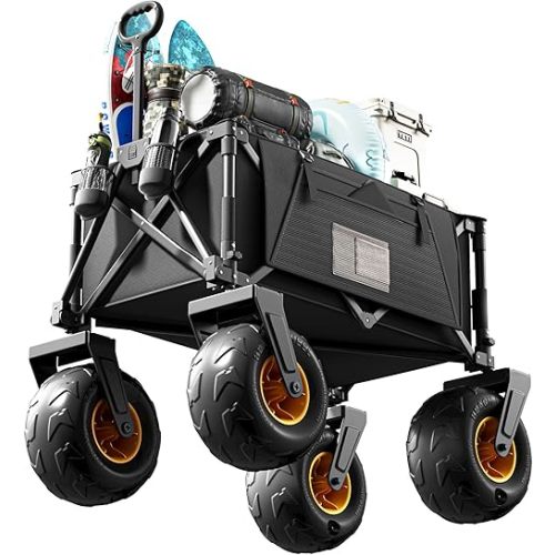 DXZ Beach Wagon Cart with Big Wheels for Sand – Folding Collapsible Wagon, Heavy Duty Wagons Carts Foldable for Beach, Camping, Outdoor Gear, Easy Setup Black Yellow