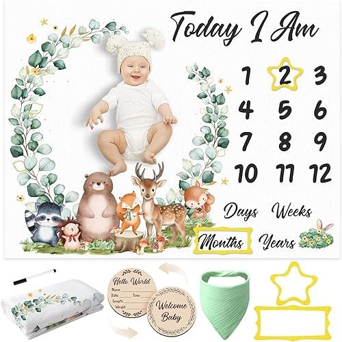 Baby Monthly Milestone Blanket for Baby Boy, Animals Monthly Milestone Blanket Baby Growth Blanket Newborn Photography Background with Wooden Signs, Frames, Bandana