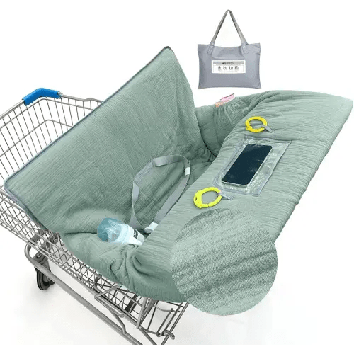 Muslin Shopping Cart Cover for Baby Soft & Breathable High Chair Covers for Restaurant Seat Grocery Cart Cover with Storage Pocket Machine Washable for Infant Toddler Boy Girl,Sage Green