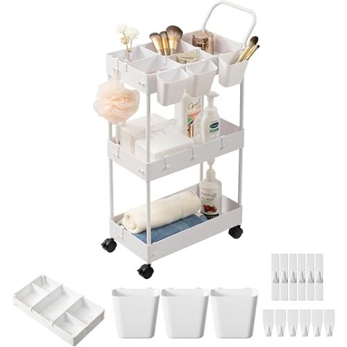 danpinera Storage Cart on Wheels, 3 Tier Slim Laundry with Wheels Bathroom Organizer with Hanging Cups Hooks Dividers Handle Mobile Rolling Art Cart for Bathroom Kitchen Narrow Places, White