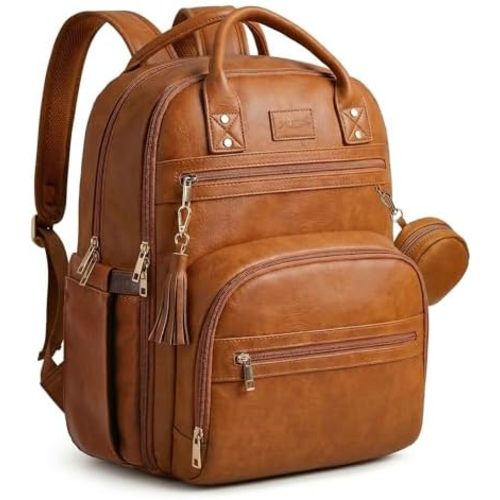 Premium Vegan Leather Diaper Bag Backpack with Waterproof Changing Pad, Reinforced Zippers & Odor-Free, 20 Pockets Pro Organizer, Fits 15.6" Laptop, Stroller Straps, Baby Bag for Mom, Brown