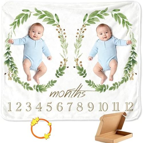 Baby Monthly Milestone Blanket Twins Month Blanket for Newborn Boys & Girls, Soft Flannel Mat with Photo Prop for Baby Shower, Neutral 51x40 Inches