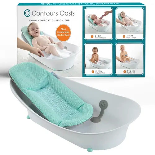 Contours Oasis 4 in 1 Comfort Cushion Baby Bathtub, Portable Infant Bath Seat, Supportive for Newborns and Toddlers 0-24 Months, Grow with Me Design, Quick Dry Mesh Pad, Easy to Clean, Blue/White