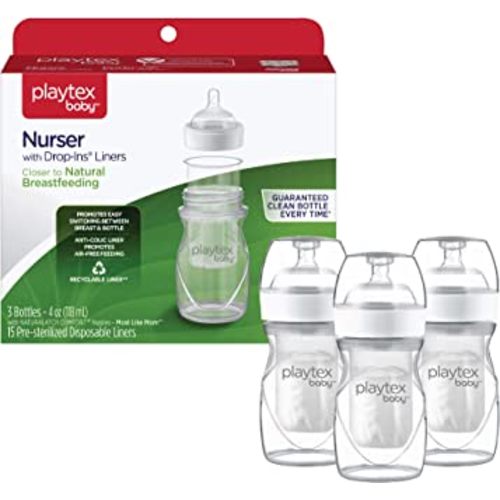 Diaper Genie Playtex Baby Nurser Bottle with Pre-Sterilized Disposable Drop-Ins Liners, Closer to Breastfeeding, 4 Ounce Bottles, 3 Count