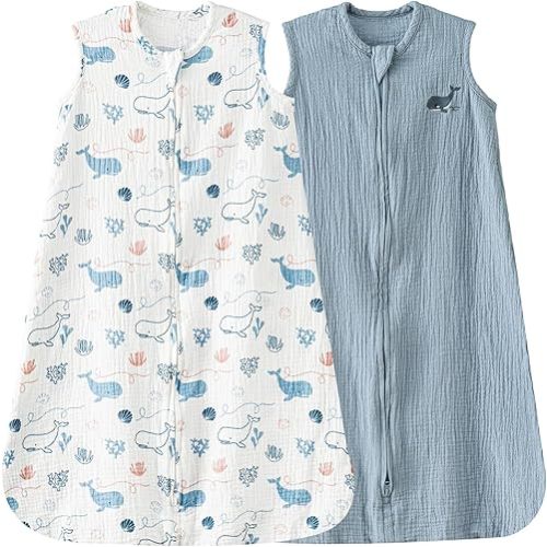 david's kids Muslin Cotton Baby Sleep Sack 12-18 Months, 2 Pack 100% Cotton Sleeping Bag for Summer, TOG 0.5 Baby Wearable Blankets with 2-Way Zipper, Soft Sleep Sacks for Newborn Infant, Whale