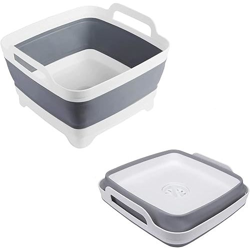 Collapsible Wash Basin 9L, Foldable Dish Tub with Drain Plug, Portable Collapsible Dish Basin, Camping Sink for Washing Dishes, Laundry & Kitchen Use,Gray