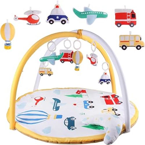 Baby Play Gym Mat, Tummy Time Activity Mat with 5 Detachable Toys and Pillow, Infant Play Mat for Babies to Toddlers