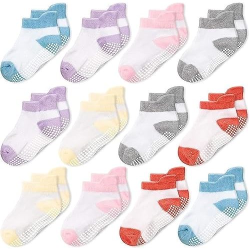 CozyWay Ankle Style Socks with Grip for Little Girls & Boys, Infants, Toddlers, Children - 12 Pairs