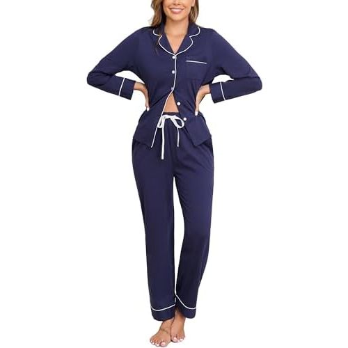 Veseacky 100% Cotton Pajamas for Women Set Long Sleeve Button Down Sleepwear Soft Pjs Lounge Sets with Pockets S-XXL