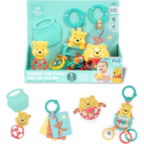 Bright Starts Disney Baby Winnie the Pooh Silly Ole Bundle Gift Set, 5-Piece Sensory Toy Set with Rattle, Teether, Oball & Flash Cards, Developmental Baby Toys 0–12 Months, Newborn Gift