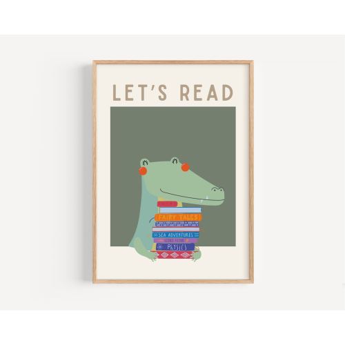 Kids Reading Poster, Retro Toddler Wall Art, Whimsical Crocodile Picture, Playroom Classroom Decor, Cute Animal Illustration