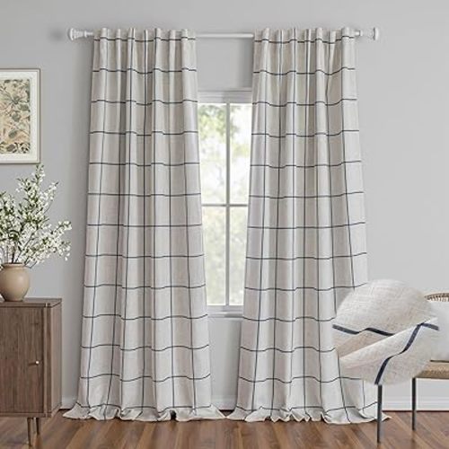 MYSKY HOME 100% Blackout Plaid Linen Curtains 108 Inches Long Double Layer Farmhouse Thermal Insulated Checkered Patterned Drapes Rod Pocket Back Tab for Living Room, 2 Pcs, 52" Wide, Navy Blue