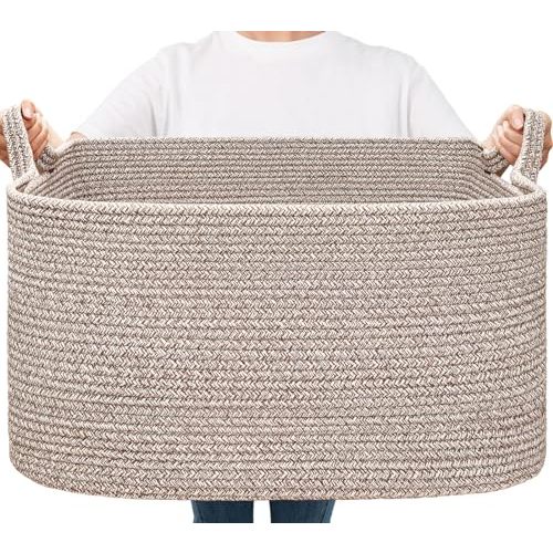 Goodpick Storage Basket, Blanket Basket for Living Room, Large Woven Basket for Clothes, Toy Baskets for Organizing, Rectangle Rope Baskets for Storage, 21.6" x 14.9" x 11.8", Brown