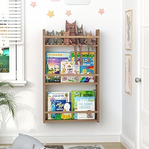 Wall Bookshelf for Kids, 3 Tier Nurser Shelves for Wall, 16.5 inch Floating Book Shelves for Wall Kids, Great for Bedroom, Living Room, Play Room and Nursery. (Brown, 3 Tier)