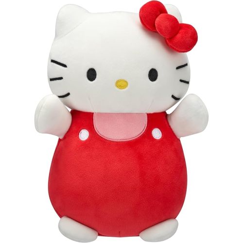 Squishmallows Original Sanrio 10-Inch Hello Kitty in Red and Pink Overalls HugMees - Medium-Sized Ultrasoft Official Jazwares Plush