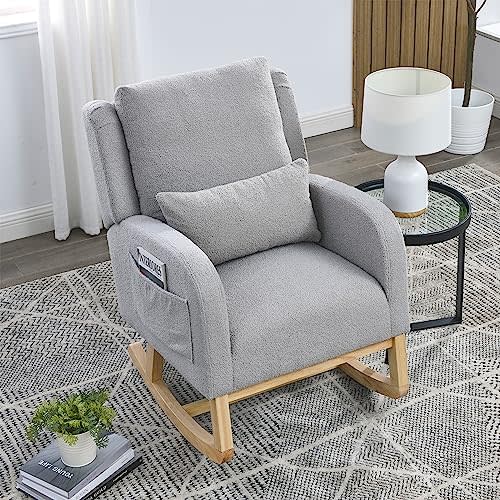 Rocking Chair Nursery with Pillow, Nursery Rocking Chairs in Teddy Fabric with Wingback & Armrest, Built-in 2 Side Pockets, Comfy Nursery Glider Nursing Chair Armchair for Living Room, Bedroom, Grey