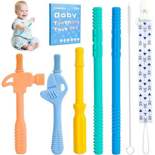Hollow Teether Tube, Chew Straws for Toddlers 6-12 Months, BPA Free Silicone Baby Molar Teether Chew Toys, 5 Pack Teething Toys Hammer Wrench Shape Gift for Boys Girls