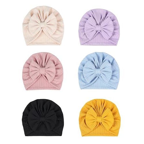 ZURLEFY 6 PCS Stretchy Baby Turban Hats, Baby Hat with Bows for Girls, Baby Boys Caps, Toddler, Newborn, Infant Hat Unisex
