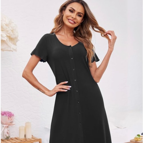 Ekouaer Women's Nightshirt Short Sleeve Button Down Nightgown V-Neck Sleepwear Pajama Dress