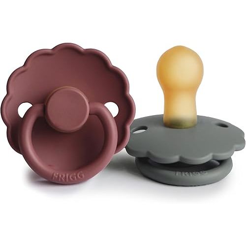FRIGG Daisy Natural Rubber Baby Pacifier | Made in Denmark | BPA-Free (Woodchuck/French Gray, 0-6 Months) 2-Pack