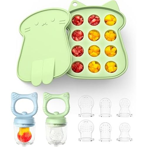 Silicone Baby Fruit Food Feeder (2 Pack) with Freezer Nibble Tray, Breastmilk Popsicle Molds for Baby Teething Relief, Feeder for Safe Infant Self Feeding, BPA Free, Dishwasher Safe, 3 Month+ Green
