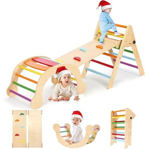 YOLEO Pikler Triangle Set, FSC-Comply 7 in 1 Large Pikler Triangle Climbing Set with Various Combinations, Wooden Montessori Climbing Toys for Toddlers 1-3 Inside, Toddler Playground Indoor Jungle Gym