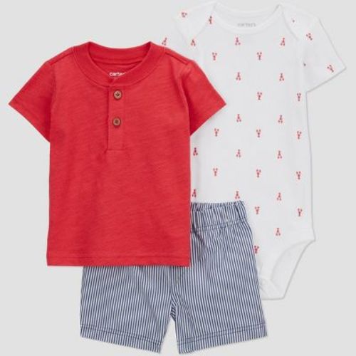 Carter's Just One You® Baby Boys' 3pc Lobster Top & Bottom Set - Red/White/Blue 3M: Cotton T-Shirt, Bodysuit, Pull-On Shorts