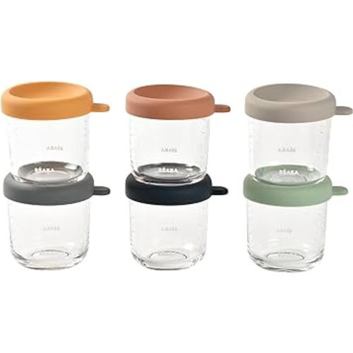 Beaba 6 Pack Glass Baby Food Jars, Freezer, Sterilizer, and Dishwasher Safe, 8 oz Baby Food Storage Jars with SilAir Tight Lid, Sunrise