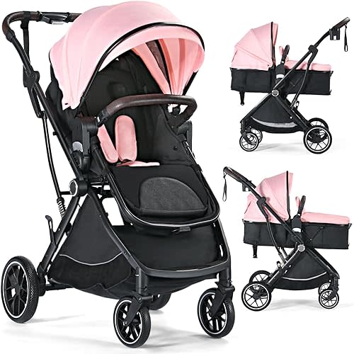 Baby Stroller for Newborn, 3 in 1 Folding High Landscape Infant Stroller & Convertible Bassinet Pram, Portable Baby Carriage Pushchair with Adjustable Canopy, Cup Holder, Storage Basket, Pink
