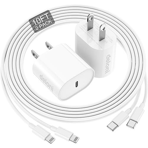 Phone Charger Fast Charging 10 FT, Long USB C to Lighting Cable 10 Foot with 20W USB C Rapid Phone Charger Block, Compatible with iPhone 14 Pro/13Pro Max/12/11Pro/Mini, 2 Pack - White