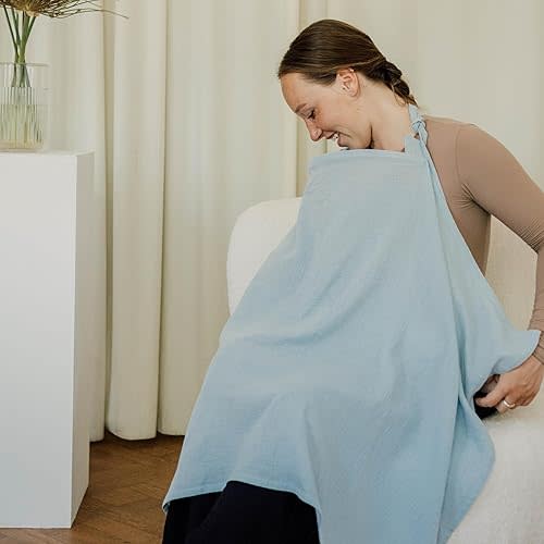 Breathable Muslin Nursing Cover for Baby Breastfeeding by Bond (Baby Blue) - Pumping Breastfeeding Cover Up for Mom I Also Works Ideal as Stroller Cover and Privacy Nursing Blanket