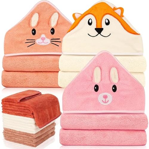 31x31 Inch Baby Hooded Towels, 12Pcs Bath Towels for Girls, Washcloth Set with Cute Design, Shower Towel Gift for Newborns, Infants and Toddlers