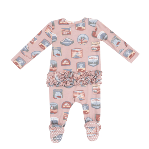 National Park Patches Pink- 2 Way Zipper Ruffle Back Footie