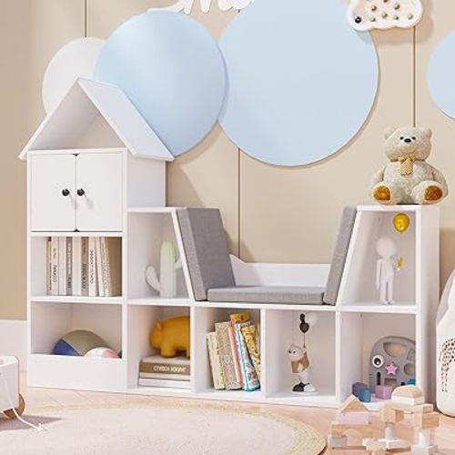 Cozy Castle 56.9" Wooden Kids Bookshelf with Reading Nook, Kids Bookcase with Detachable Cushions,Toy Storage Organizer with 9 Cubes and 2 Doors for Bedroom, Playroom, White