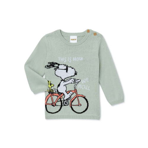 Peanuts Snoopy & Woodstock Jacquard Knit Crew Sweater with Buttons at Shoulder, Sizes 0/3M - 24M