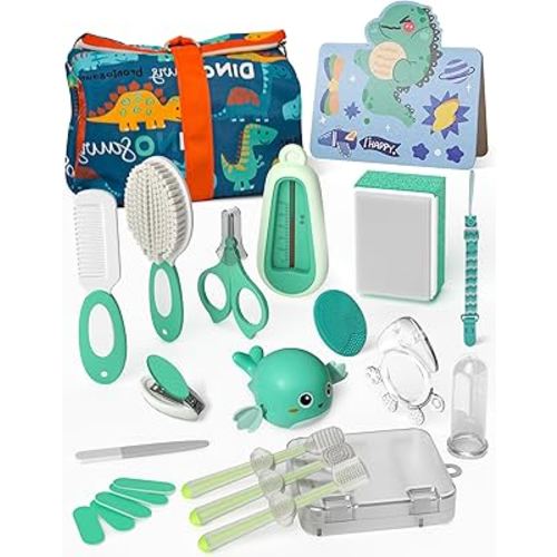 Baby Healthcare & Grooming Kit Newborn Girl Boy, Safe Baby Bath Toy Thermometer Newborns Essentials, Silicone Baby Toothbrush, Oral Care for Infant Baby Registry Search, Brush Comb Set Gift, Blue