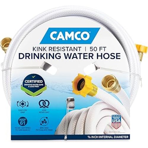 Camco TastePURE 50-Ft Water Hose - RV Drinking Water Hose Contains No Lead, No BPA & No Phthalate - Features Diamond-Hatch Reinforced PVC Design - 5/8” Inside Diameter, Made in the USA (22793)