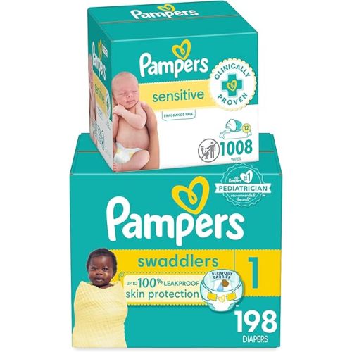 Pampers Swaddlers Disposable Baby Diapers Size 1, 198 Count with Sensitive Water Based Baby Wipes 12 Flip-Top Packs (1008 Wipes Total)