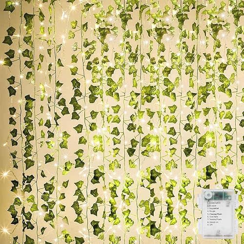 KASZOO 84Ft 12 Pack Artificial Ivy Garland Fake Plants, Vine Hanging Garland with CE Certified 80 LED String Light, Hanging for Home Bedroom Garden Party Wedding Wall Room Decor, Green