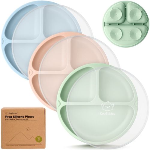 3-pack Prep Suction Plates With Lids, 100% Silicone Baby Plates With Lid, Bpa-free Kids Divided Toddler Plates (slate)