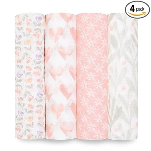 aden + anais Essentials Swaddle Blanket, Boutique Muslin Blankets for Girls & Boys, Baby Receiving Swaddles, Ideal Newborn & Infant Swaddling Set, Perfect Shower Gifts, 4 Pack, Piece of My Heart