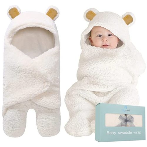 BlueMello Baby Bear Swaddle Blanket | Ultra-Soft Plush Essential for Infants 0-6 Months | Receiving Swaddling Wrap White | Ideal Newborn Registry and Toddler Boy Accessories | Perfect