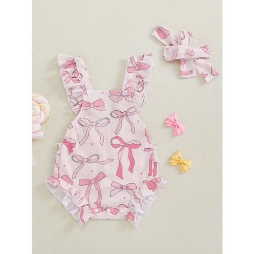 baby girl summer clothes bow print flying sleeve square neck - Temu