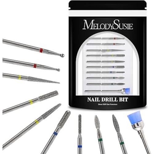 MelodySusie 10pcs Nail Drill Bits Set, 3/32 Inch Diamond Cuticle Nail Bits Kit for Nail Drill E-File, Manicure Pedicure Remover Tools for Acrylic Gel Nails, Salon Home Nail Care Supplies, Silver